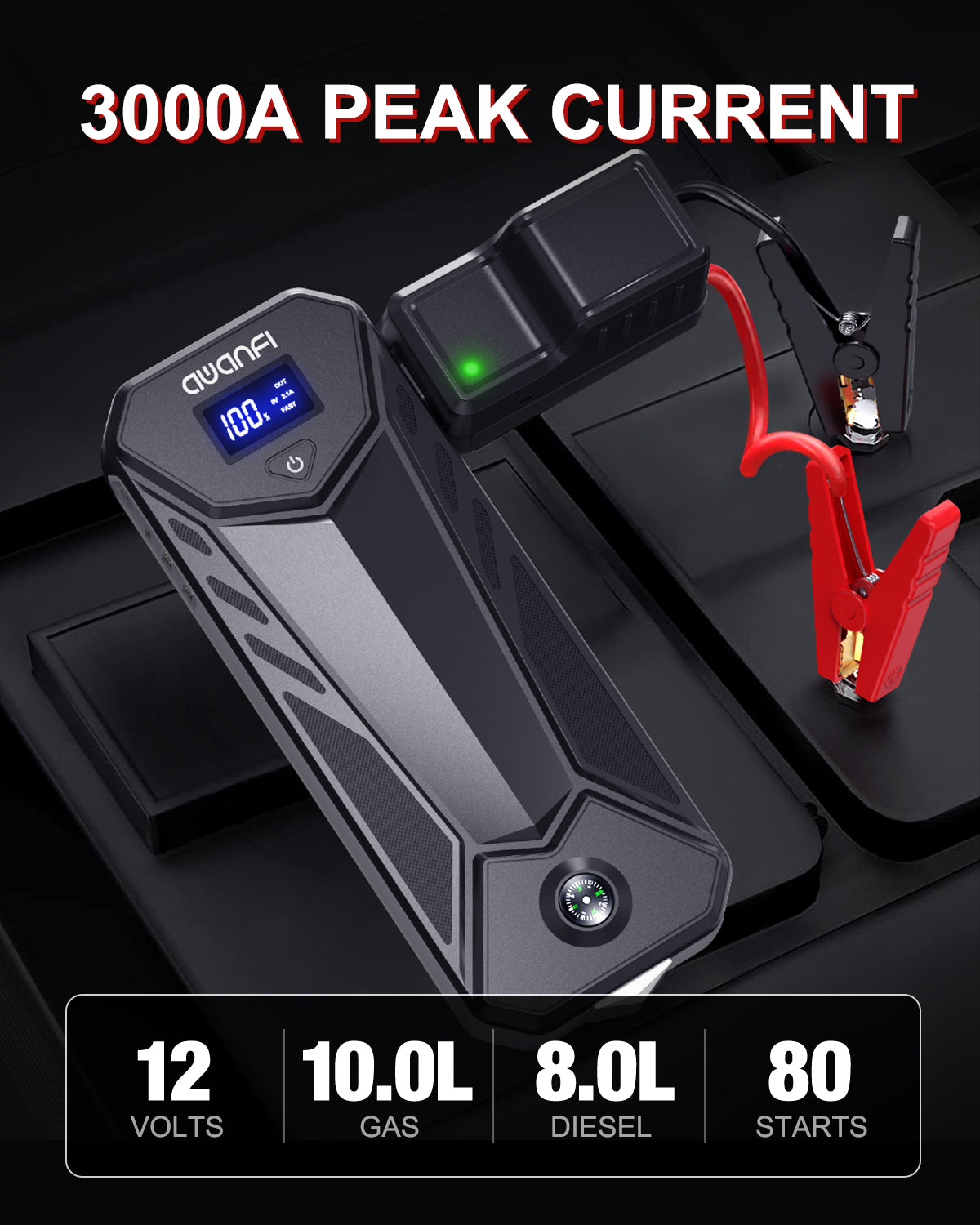 AWANFI Jump Starter, 3000A Battery Jump Starter Portable, Jump Starter Battery Pack, 12V Jump Starter Box for Up to 10.0L Gas or 8.0L Diesel Engine with USB Quick Charge, LED Flashlight