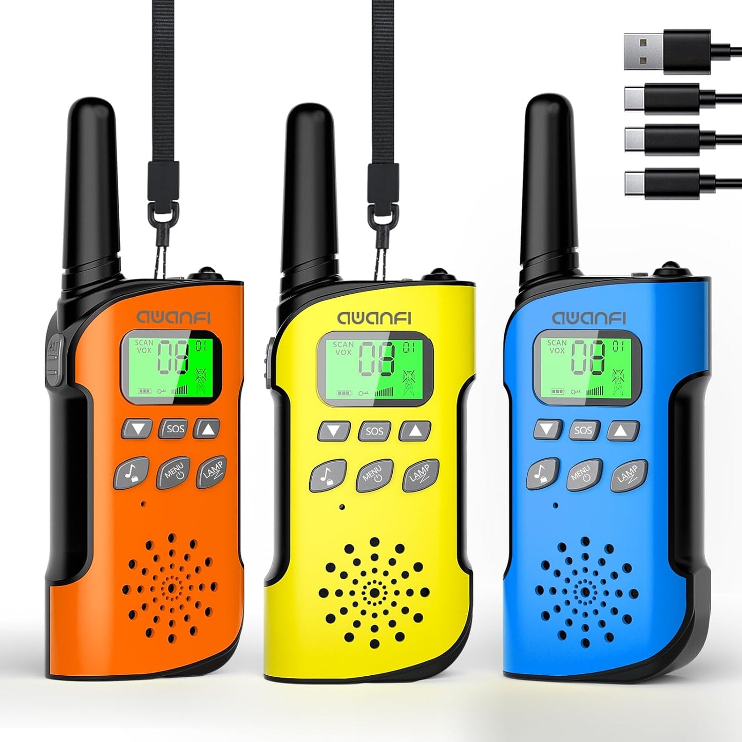Walkie Talkie Kids Rechargeable 3 Pack, AWANFI 22 Channel Long Range Kids Walkie Talkies with Flashlight, USB C Walkie Talkie for Camping, Cycling, Hiking, Gifts for Girls and Boys