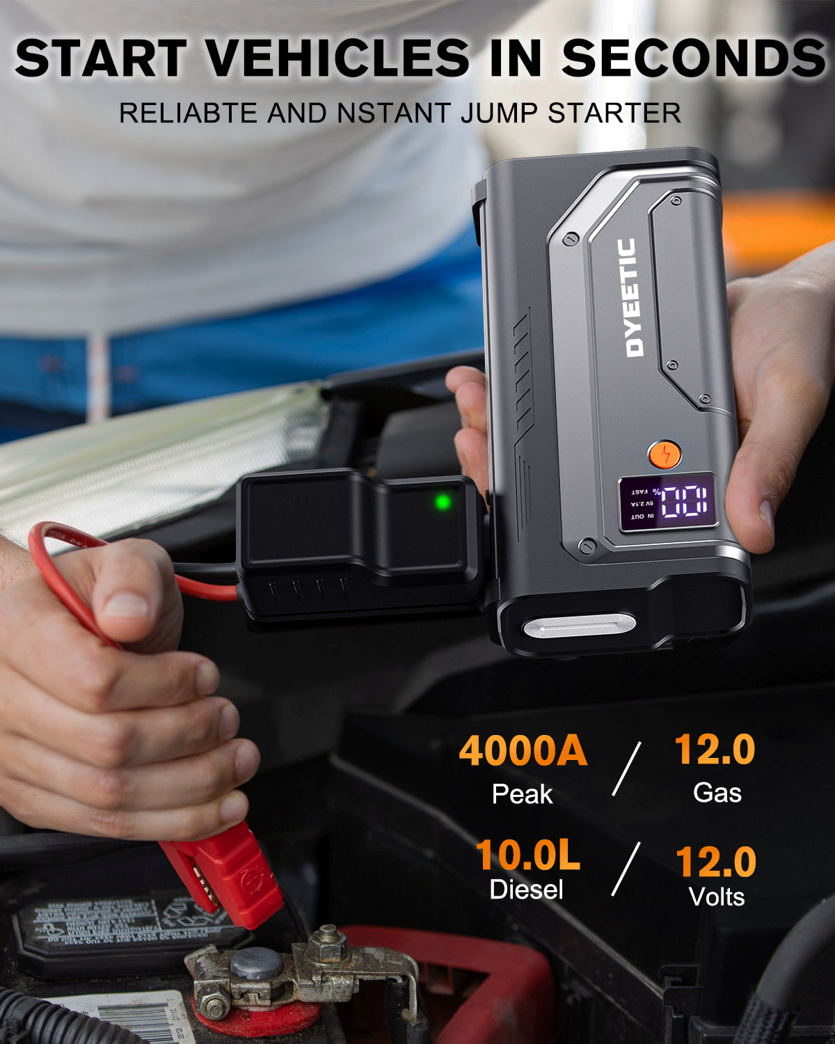 5000A Jump Starter, Portable 12V Car Jump Starter Battery Pack for All Gas and 10.0L Diesel Engines