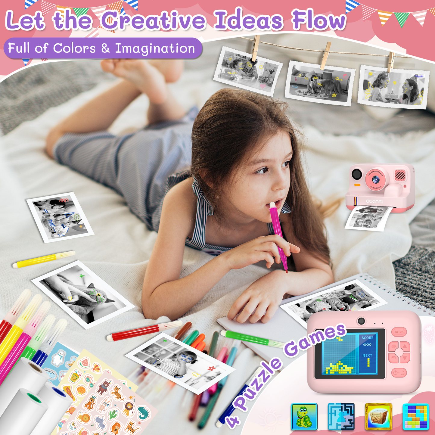 AWANFI Instant Print Camera Kids with 32G SD Card and Printing Paper, Portable Digital Cameras Toys for Boys & Girls Age 3-12 Birthday Gifts - Pink