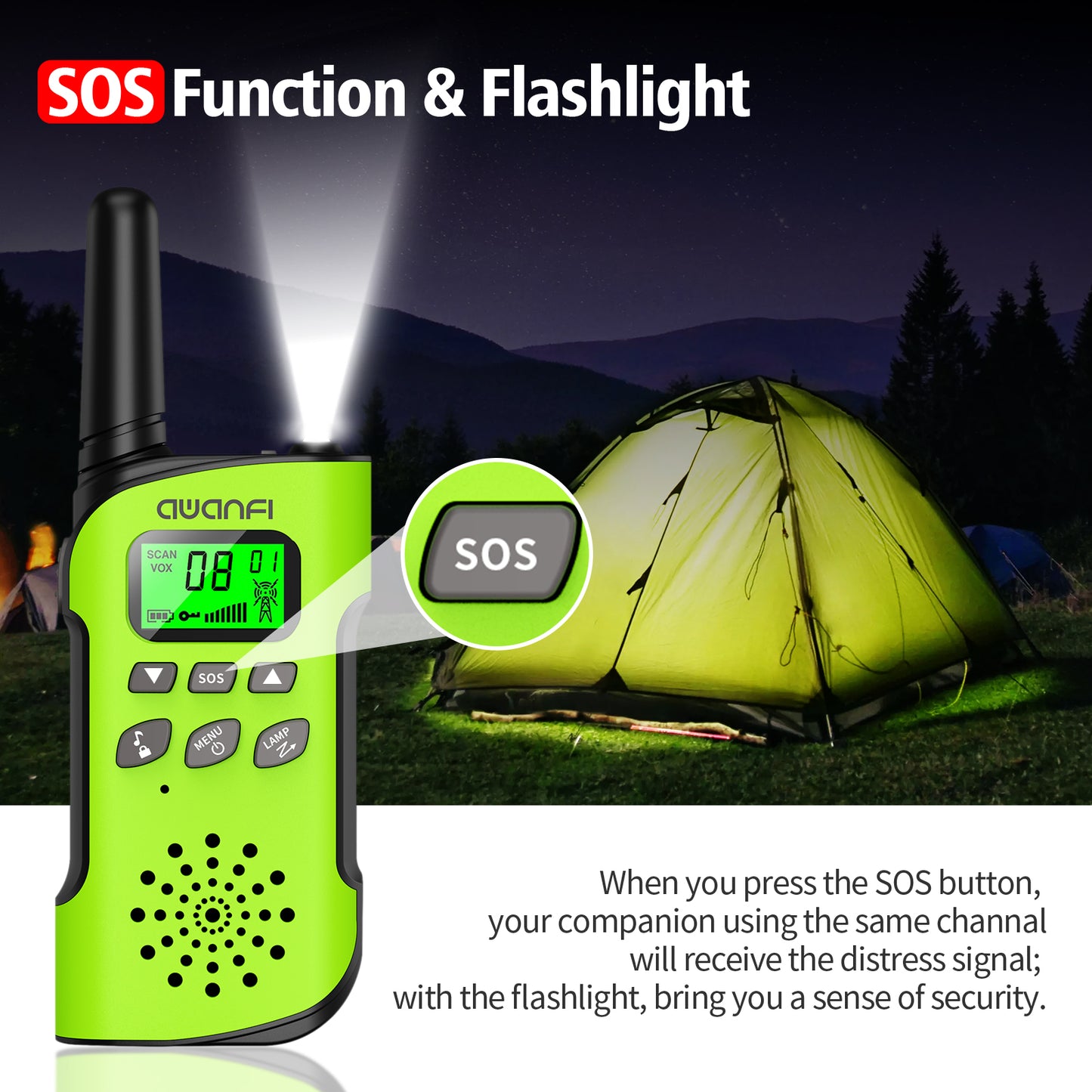 GL-528 Walkie Talkie Kids Rechargeable Long Range 2 Pack, AWANFI 2 Way Radio Walkie Talkies for Kids Adults for Cycling Camping, Toys Gifts for Boys Girls with Flashlight, LCD Display, VOX, Lanyards