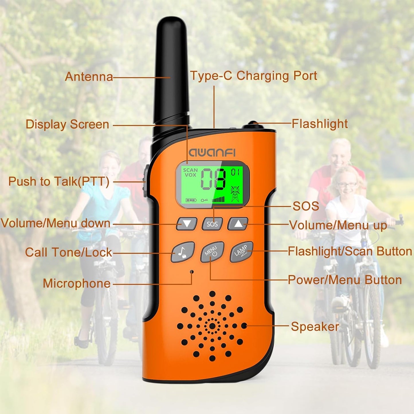 Walkie Talkie Kids Rechargeable 3 Pack, AWANFI 22 Channel Long Range Kids Walkie Talkies with Flashlight, USB C Walkie Talkie for Camping, Cycling, Hiking, Gifts for Girls and Boys