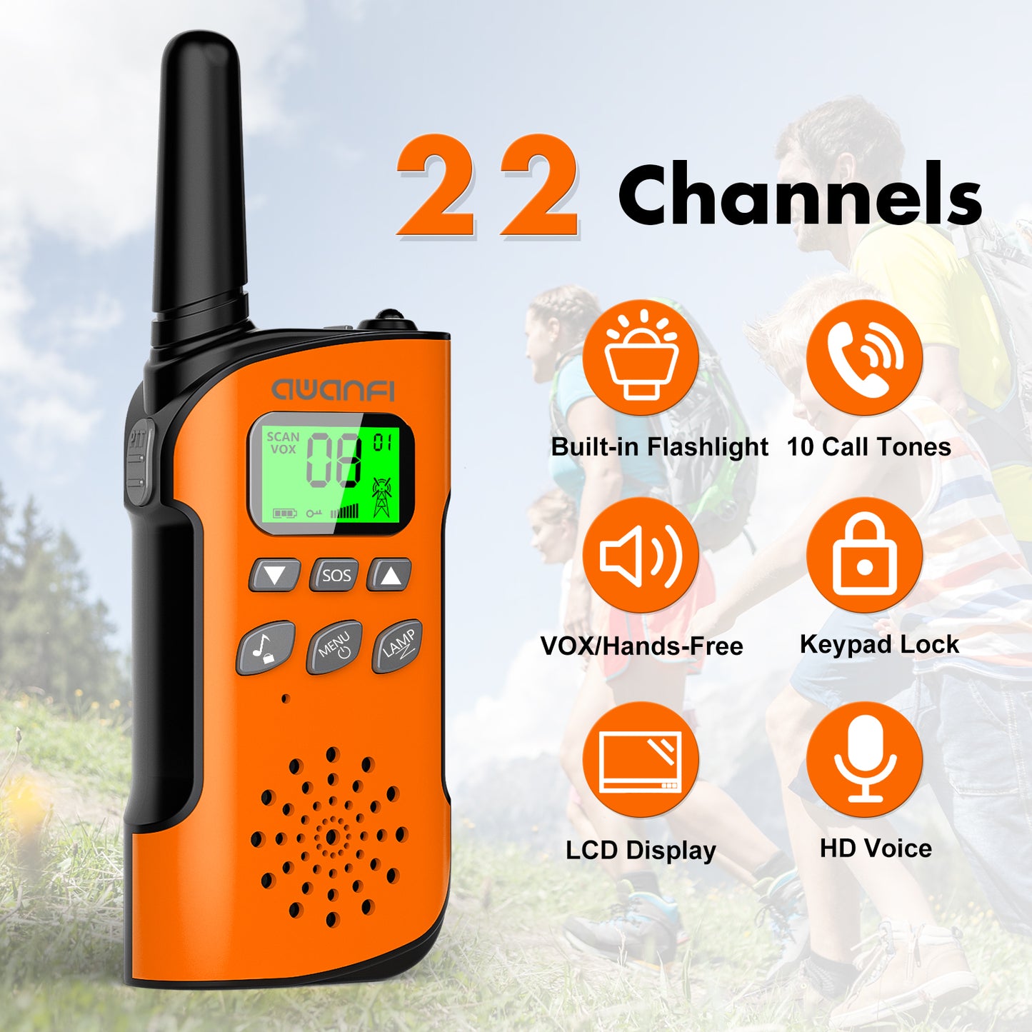 Walkie Talkie Kids Rechargeable 3 Pack, AWANFI 22 Channel Long Range Kids Walkie Talkies with Flashlight, USB C Walkie Talkie for Camping, Cycling, Hiking, Gifts for Girls and Boys