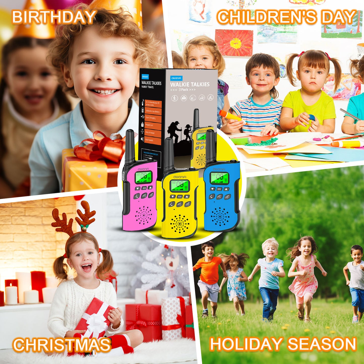 AWANFI GL-528 Rechargeable Walkie Talkies for Adults Kids 3 Pack with LED Light, Gifts for Boys and Girls