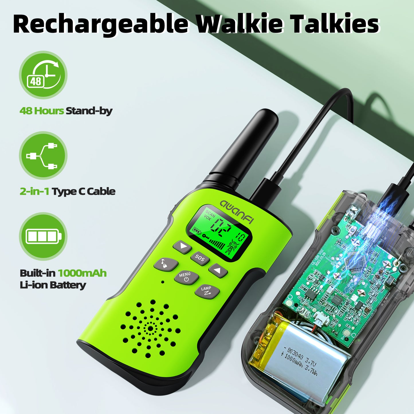 GL-528 Walkie Talkie Kids Rechargeable Long Range 2 Pack, AWANFI 2 Way Radio Walkie Talkies for Kids Adults for Cycling Camping, Toys Gifts for Boys Girls with Flashlight, LCD Display, VOX, Lanyards