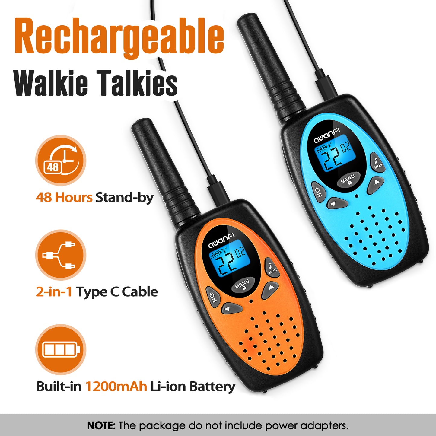 AWANFI Walkie Talkies for Kids 2 Pack, Rechargeable Walkie Talkies Long Range with 22 Channel 1200mAh Li-ion Battery Type-C Cable, Portable FRS Walky Talky 2 Way Radios for Boys Girls Toy Gift