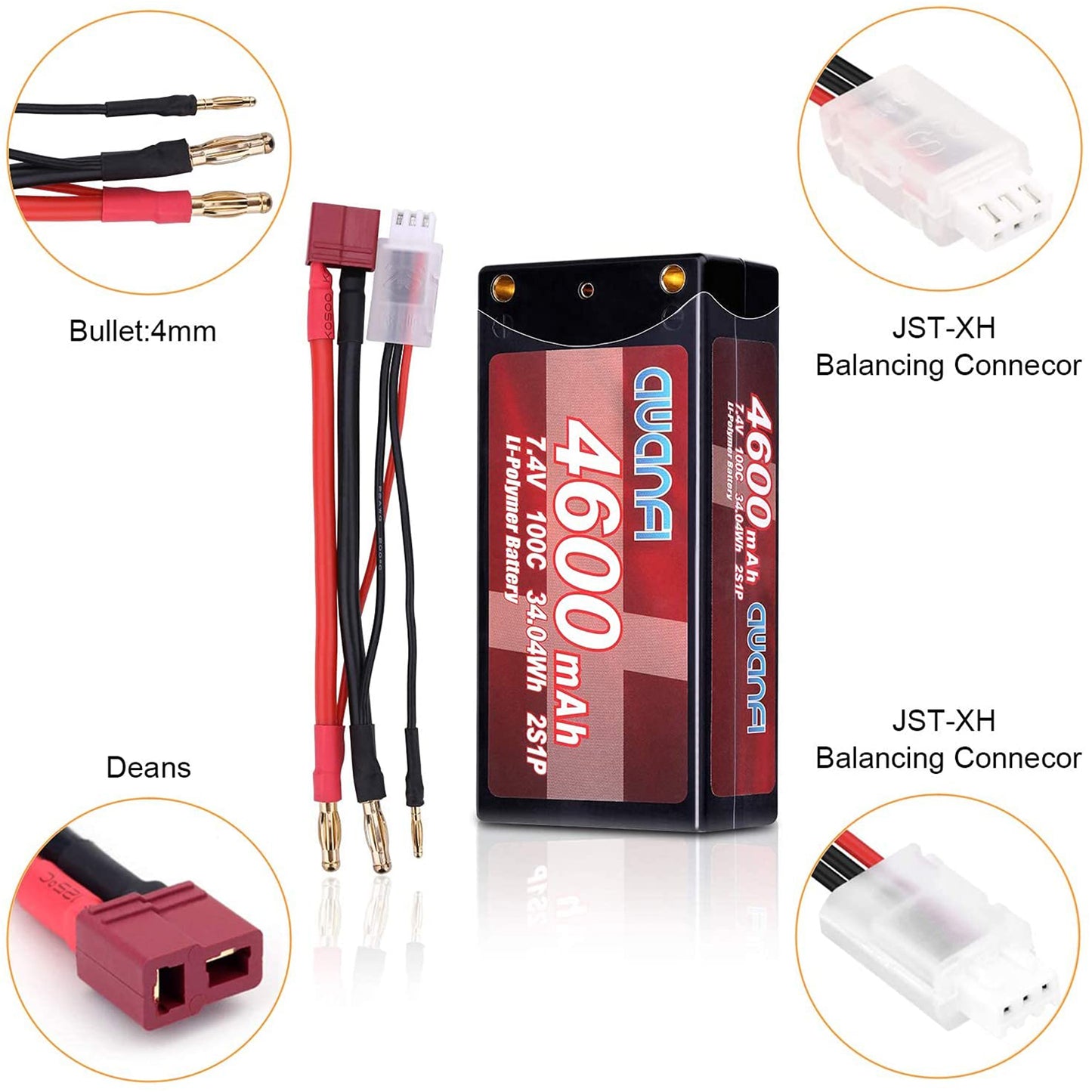 AWANFI 2S Shorty Lipo 7.4V 4600mAh 100C Hardcase Lipo Battery with Deans Plug for 1/10 Scale RC Cars (2 Pack)