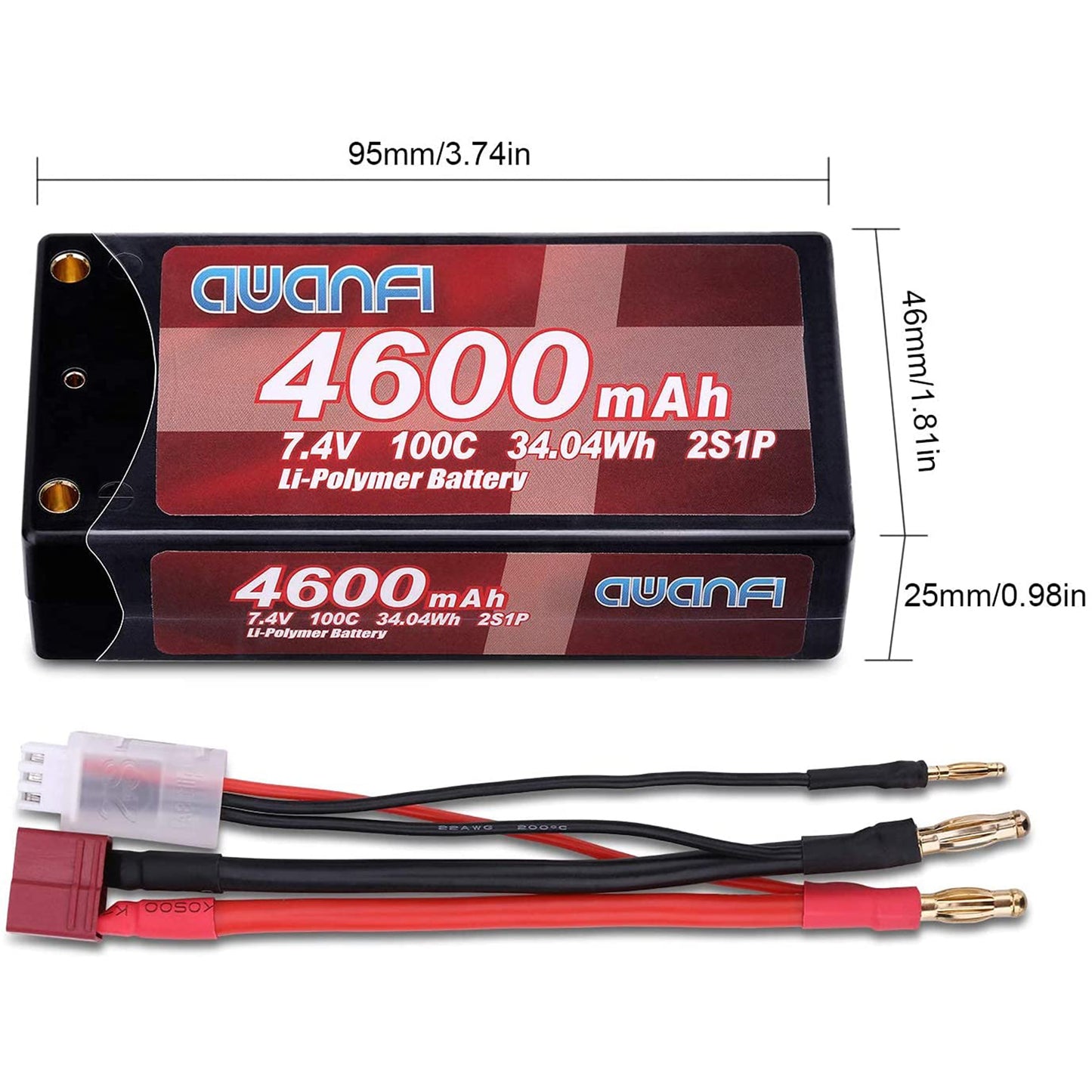 AWANFI 2S Shorty Lipo 7.4V 4600mAh 100C Hardcase Lipo Battery with Deans Plug for 1/10 Scale RC Cars (2 Pack)