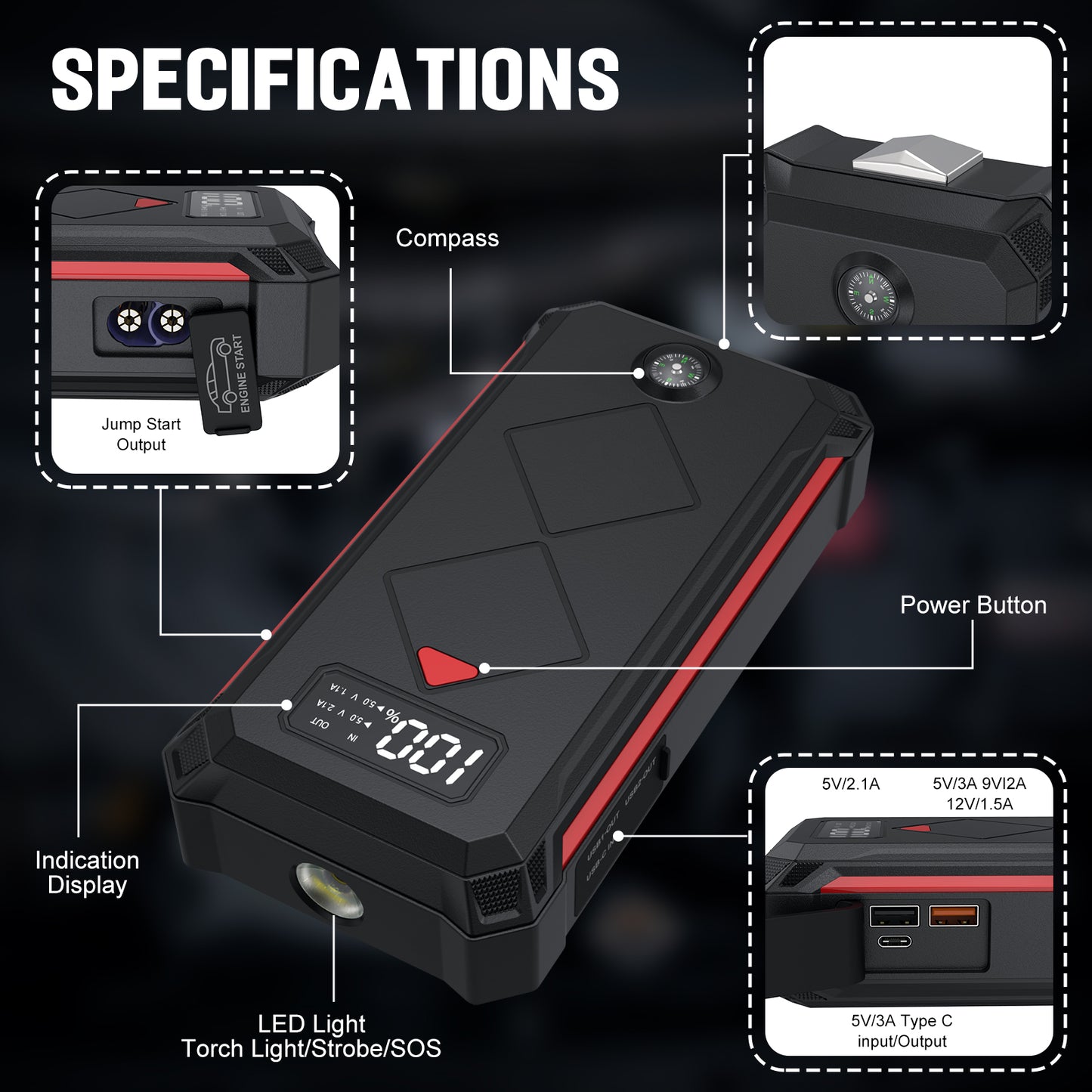 Car Jump Starter, 2000A Peak 20000mAh Lithium Jump Starter Battery Pack for Up to 9L Gas or 7L Diesel Engine, SuperSafe 12V Portable Battery Booster Power Pack with LED Screen & LED Light