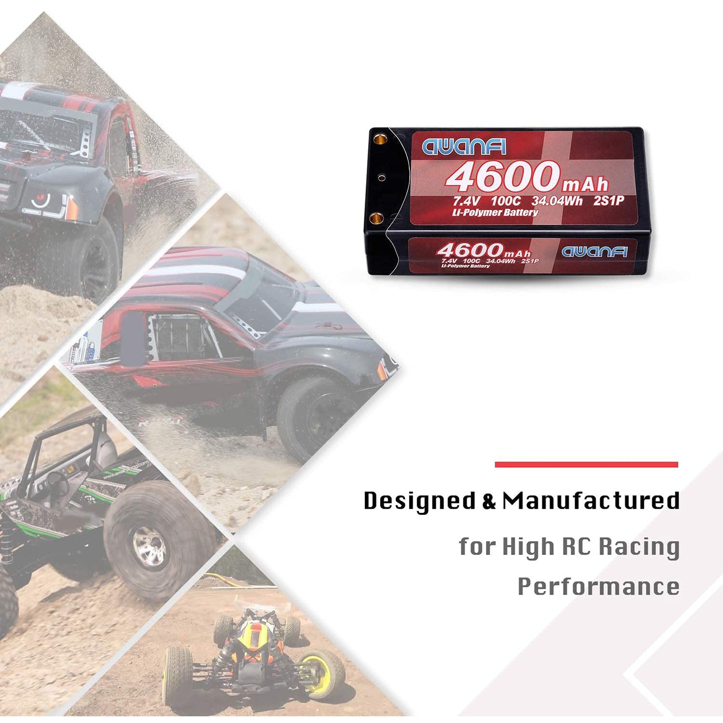 AWANFI 2S Shorty Lipo 7.4V 4600mAh 100C Hardcase Lipo Battery with Deans Plug for 1/10 Scale RC Cars (2 Pack)