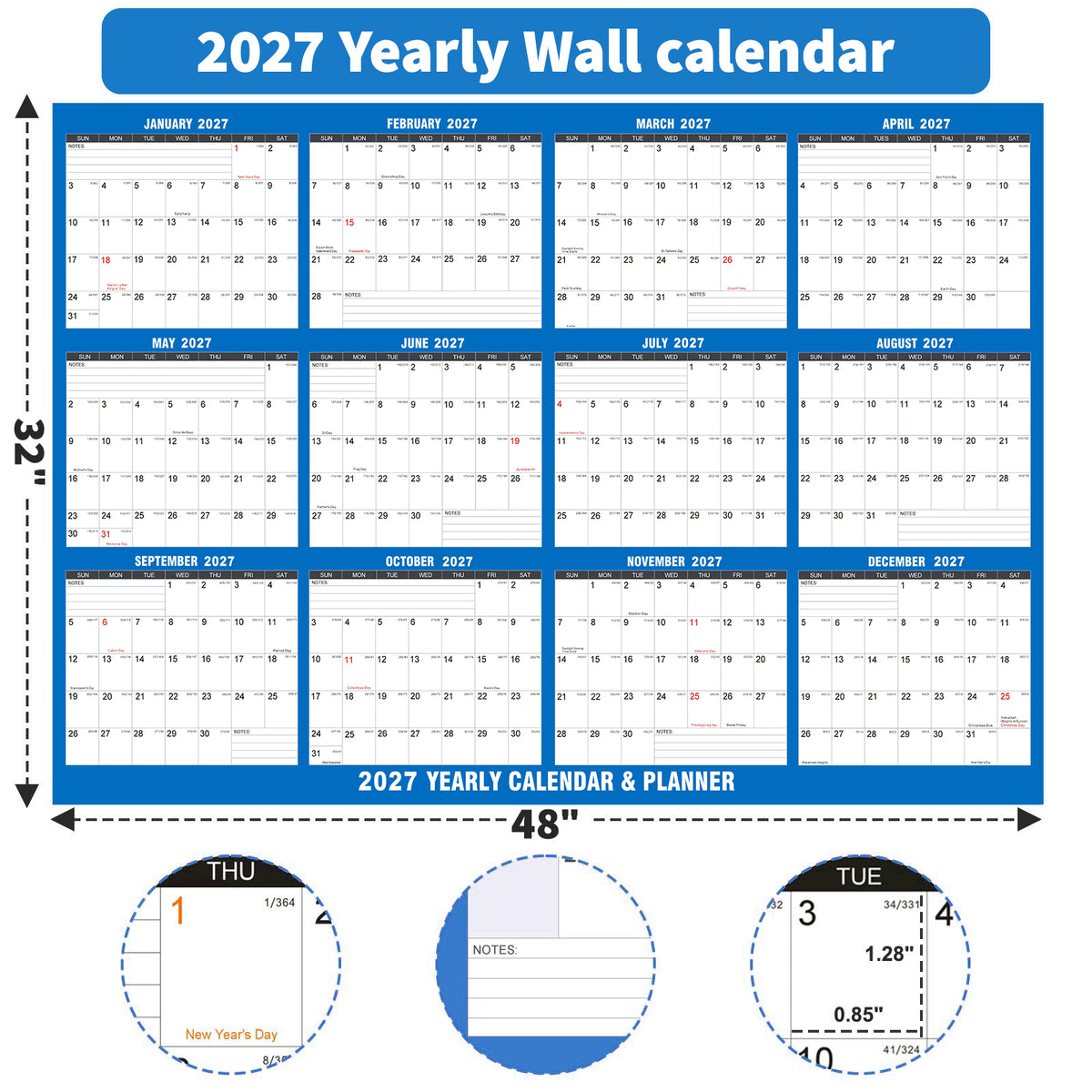 AWANFI 2027 Extra Large Dry Erase Calendar for Wall - 48" x 32", Erasable & Reusable Wall Calendar, Monthly Calendar Planner for Home, Office and Classroom