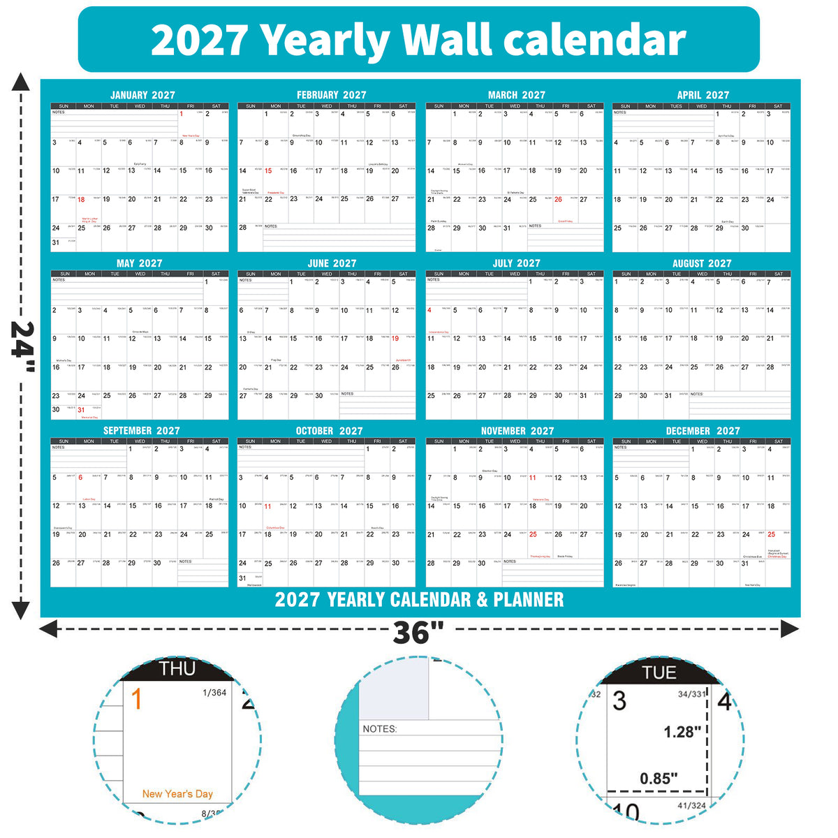 AWANFI 2027 Dry Erase Calendar for Wall - 36" x 24", Erasable & Reusable Laminated Monthly Calender with Ample Space Great for Office, Classroom, Home