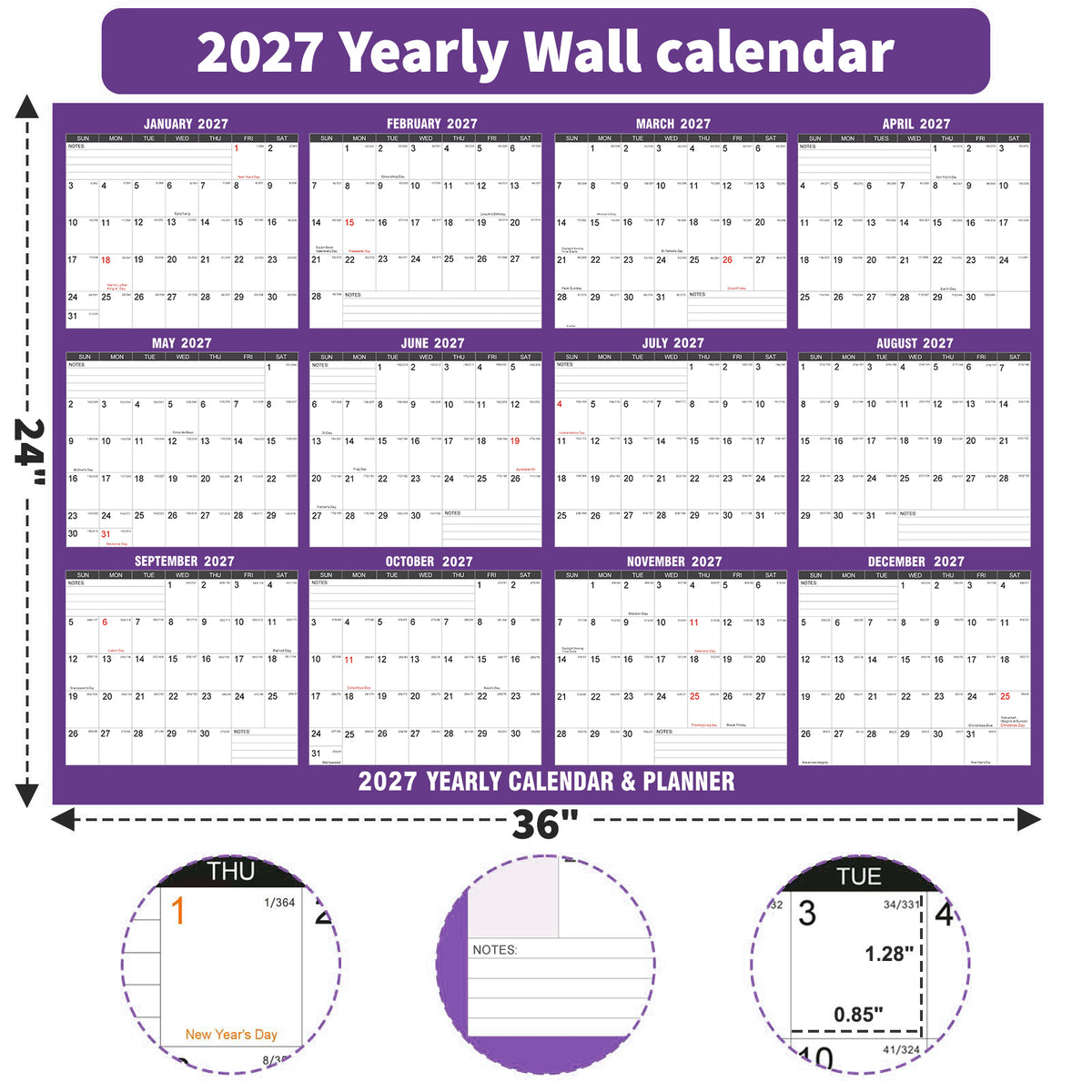 AWANFI 2027 Wall Calendar Dry Erase - 36" x 24", Double Sided Erasable & Reusable Yearly Wall Calendar Large Schedule Planner for Home, Office, Plan Organizer