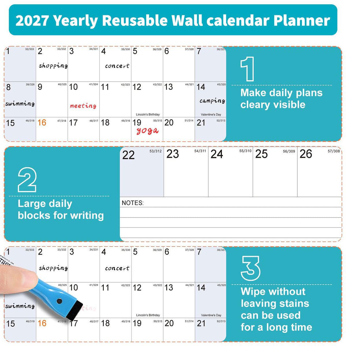 AWANFI 2027 Dry Erase Calendar for Wall - 36" x 24", Erasable & Reusable Laminated Monthly Calender with Ample Space Great for Office, Classroom, Home