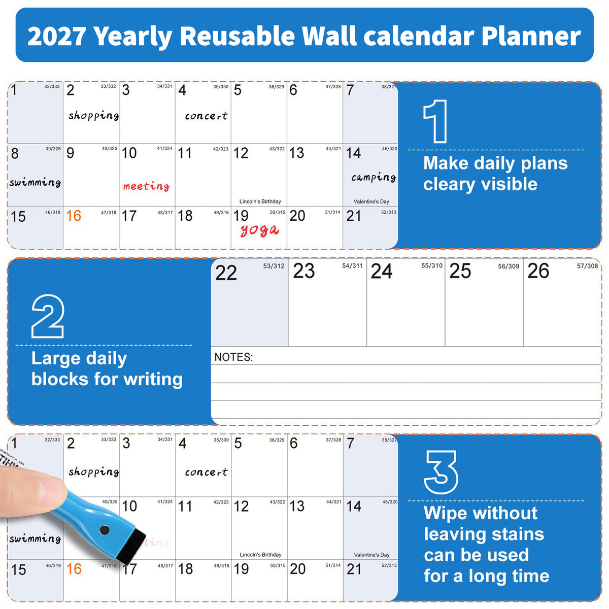 AWANFI 2027 Extra Large Dry Erase Calendar for Wall - 48" x 32", Erasable & Reusable Wall Calendar, Monthly Calendar Planner for Home, Office and Classroom