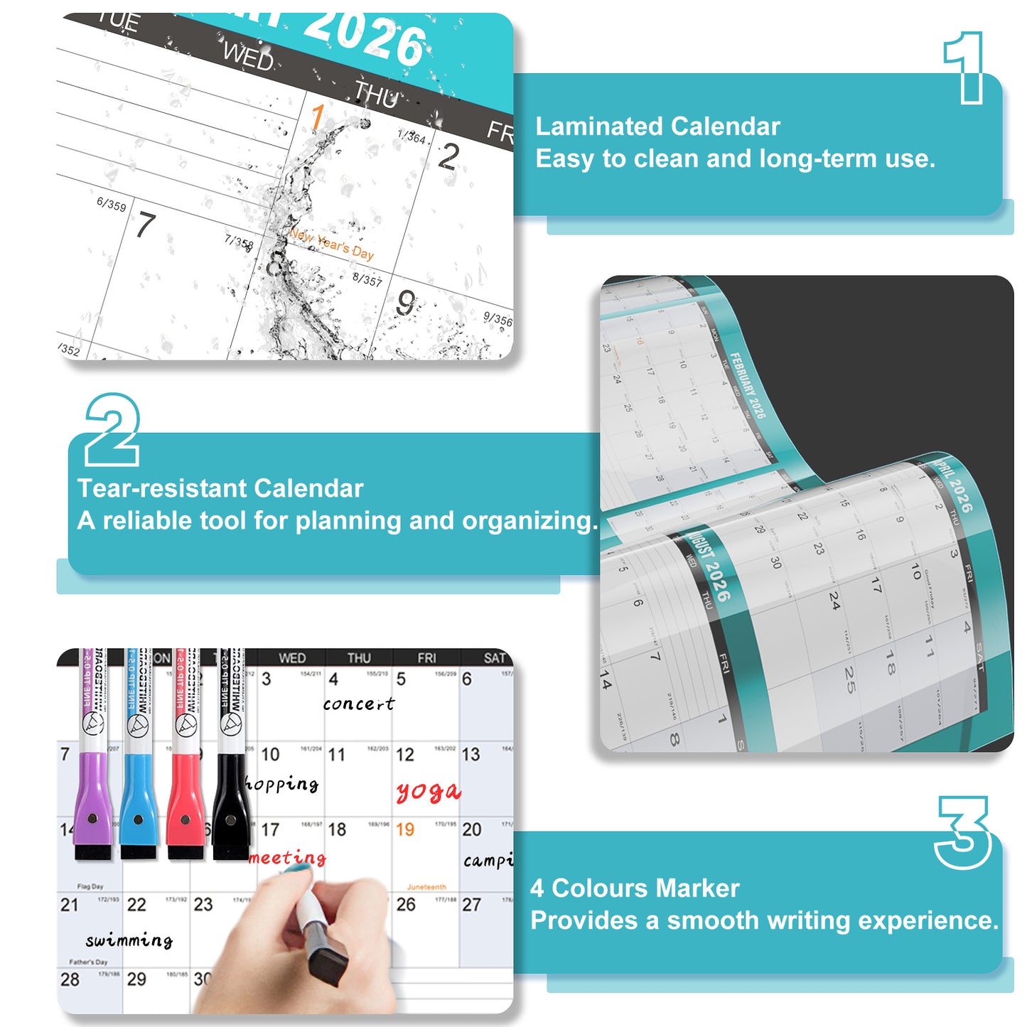 AWANFI 2026 Dry Erase Calendar for Wall - 36'' x 24'', Erasable & Reusable Laminated Monthly Calender with Ample Space Great for Office, Classroom, Home