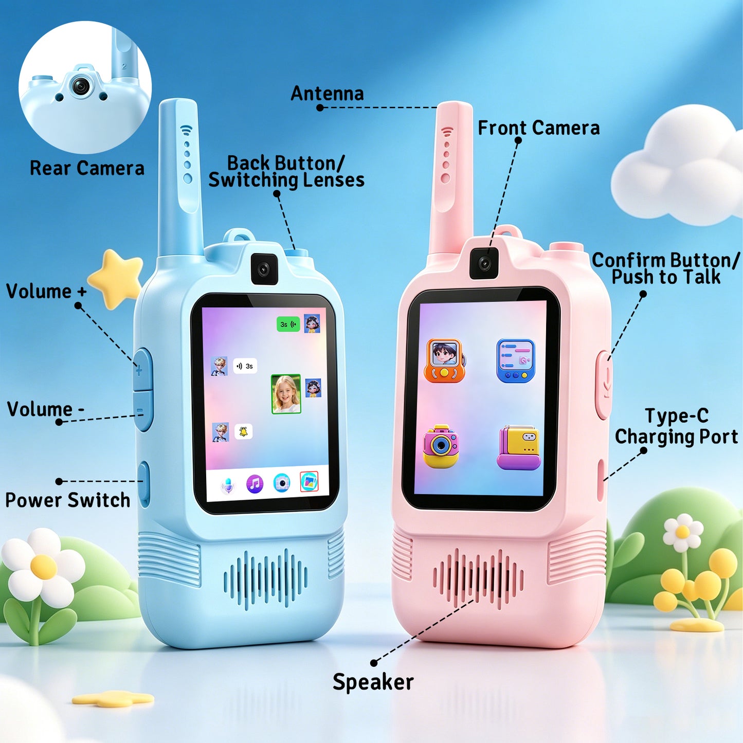 AWANFI Video Walkie Talkies for Kids Rechargeable, Toys Phone 2 Pack for Boys Girls, 1000 ft Long Range, with Voice Chat, Camera, Gifts for Age 3+