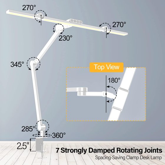 LED Desk Lamp for Home Office - 24W 1500LM Desk Lamps with Clamp Architect Table Lamp Adjustable Head Stepless Dimming Work Light (White/Black)