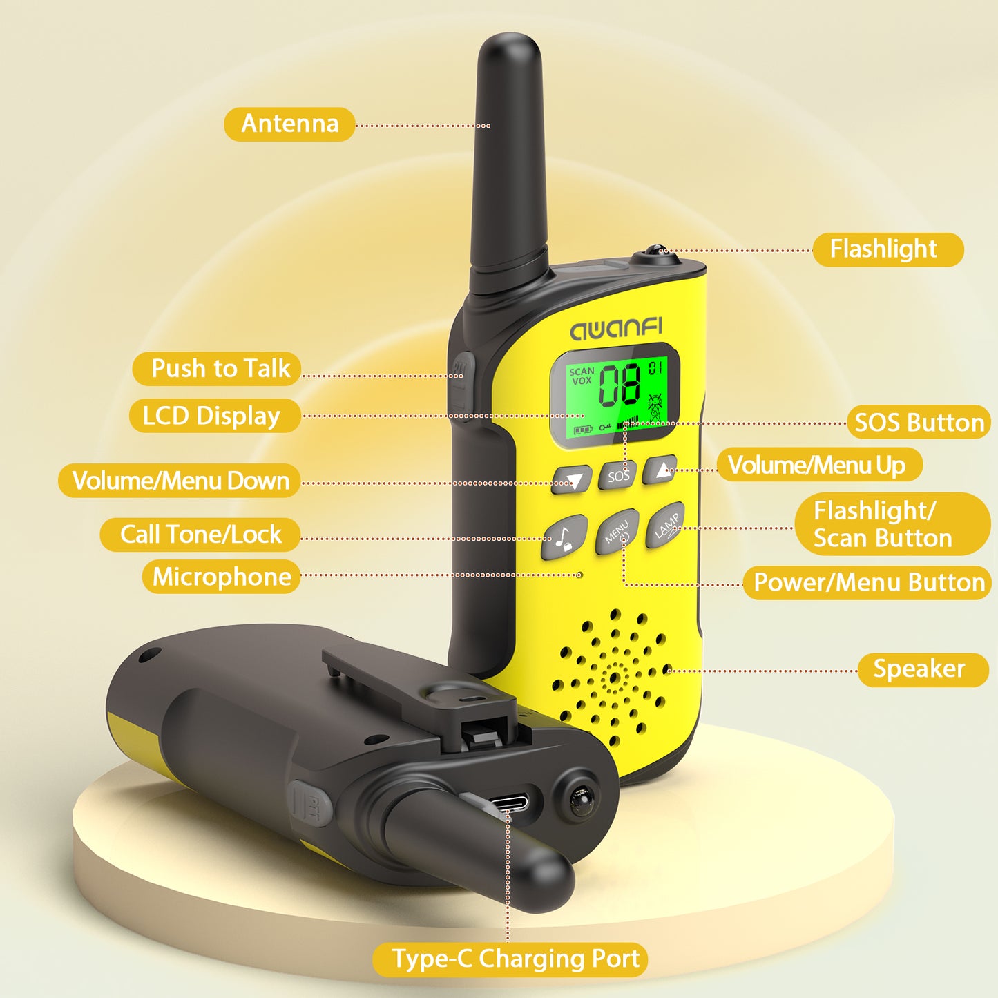 AWANFI Walkie Talkie 2 Pack Long Range Two-Way Radios, Rechargeable Kids Walkie Talkies Set with LED Flashlight VOX, for Adults Hiking Camping(Yellow, Blue)