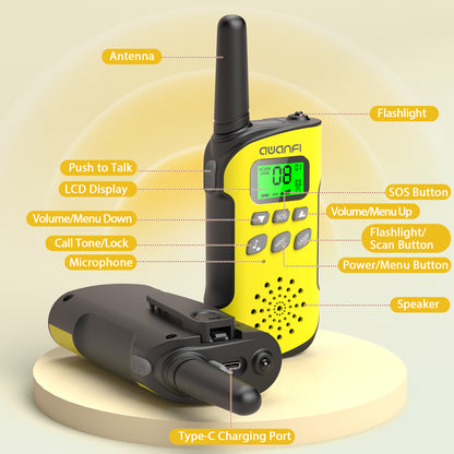 AWANFI Walkie Talkie 2 Pack Long Range Two-Way Radios, Rechargeable Kids Walkie Talkies Set with LED Flashlight VOX, for Adults Hiking Camping(Yellow, Blue)