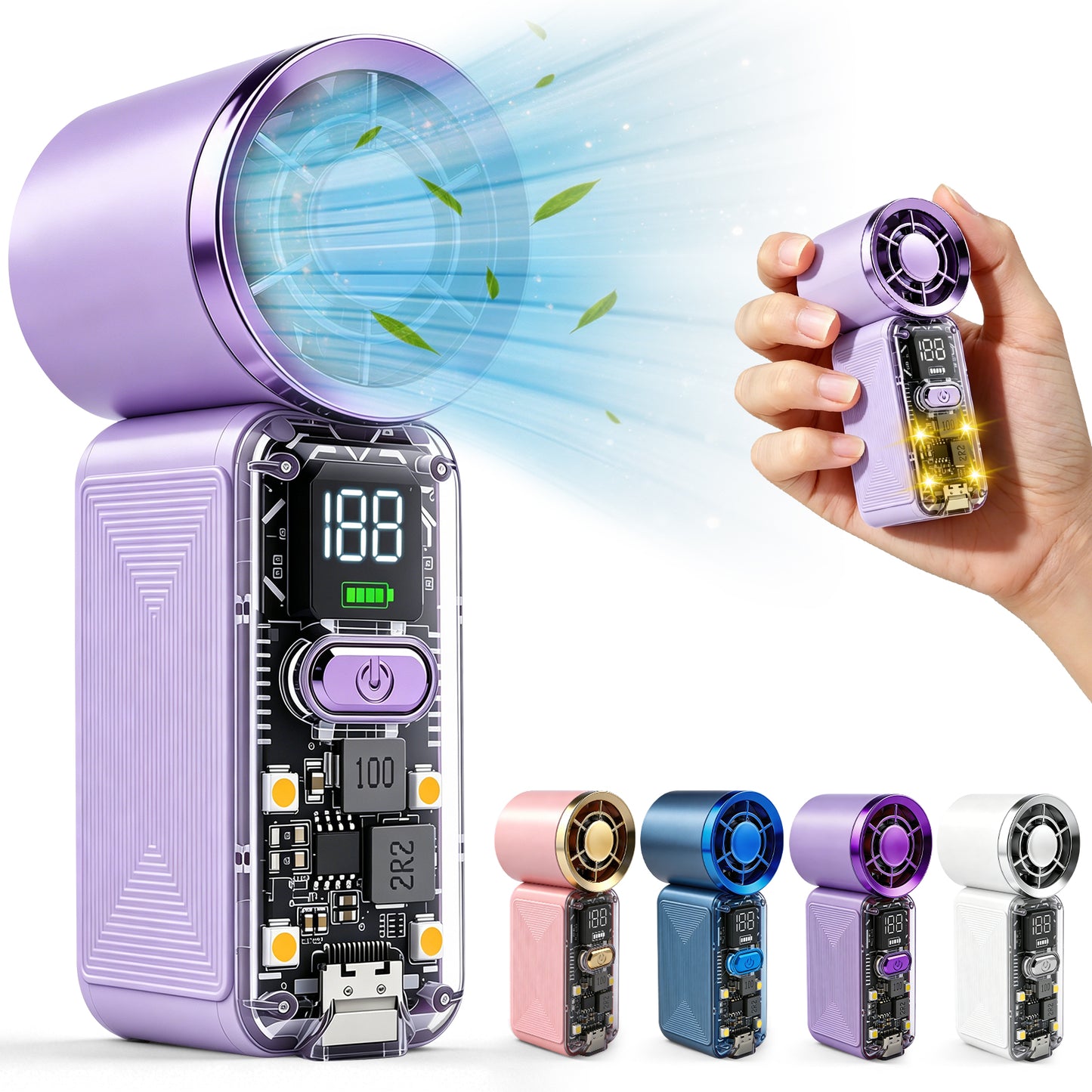 AWANFI Portable Handheld Fan, Pocket Electric Personal Fan Rechargeable with LED Display High-Speed Mini Turbo Fan for Outdoor Home, Purple