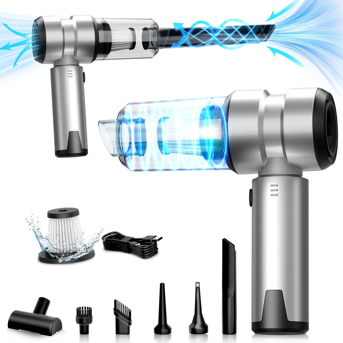AWANFI 2-in-1 Cordless Handheld Car Vacuum Cleaner and Air Duster, 14000Pa Suction, HEPA Filter, 80000 RPM Brushless Motor, USB-C Charging, 3-Speed Modes with Multi-Nozzles