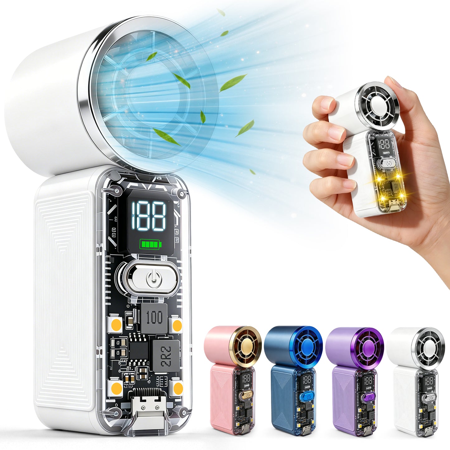 AWANFI Portable Handheld Turbo Fan, Handheld Mini Pocket Rechargeable Hand Fan, 6 Gear Wind, Rechargeable with Air Turbo Tech Cooling Fan, White