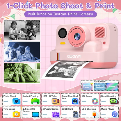 AWANFI Instant Print Camera Kids with 32G SD Card and Printing Paper, Portable Digital Cameras Toys for Boys & Girls Age 3-12 Birthday Gifts - Pink