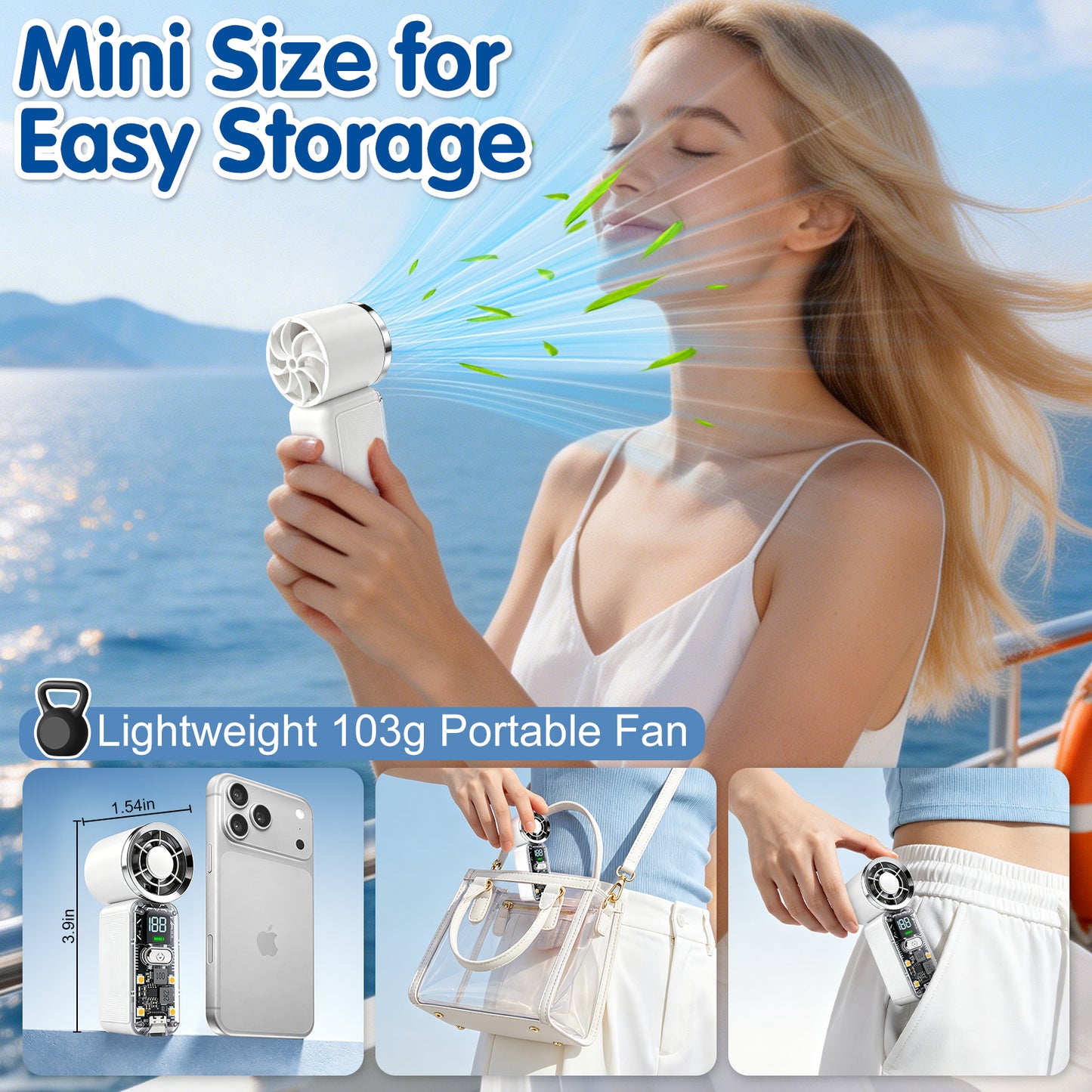 AWANFI Portable Handheld Turbo Fan, Handheld Mini Pocket Rechargeable Hand Fan, 6 Gear Wind, Rechargeable with Air Turbo Tech Cooling Fan, White