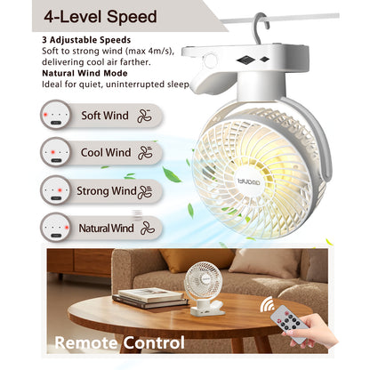 AWANFI Portable Clip on Fan 10000mAh Battery Operated, Desk Fan USB Rechargeable 360°Oscillating Fans with Remote and Light, Personal Fan for Dorm Room Home Office Travel (White)