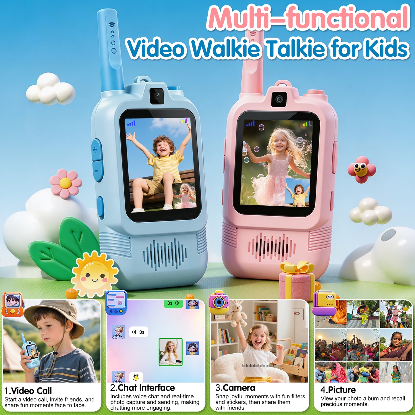 AWANFI Video Walkie Talkies for Kids Rechargeable, Toys Phone 2 Pack for Boys Girls, 1000 ft Long Range, with Voice Chat, Camera, Gifts for Age 3+