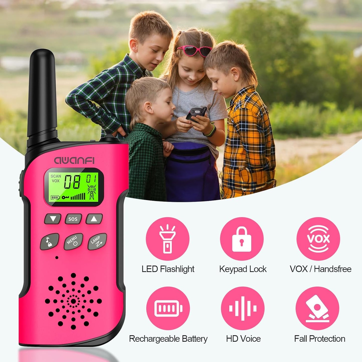 AWANFI Walkie Talkies Long Range 4 Pack, Walkie Talkie Rechargeable for Kids Family 22 Channels 2 Way Radios for Outside, Camping, Hiking, Gifts for Boys Girls