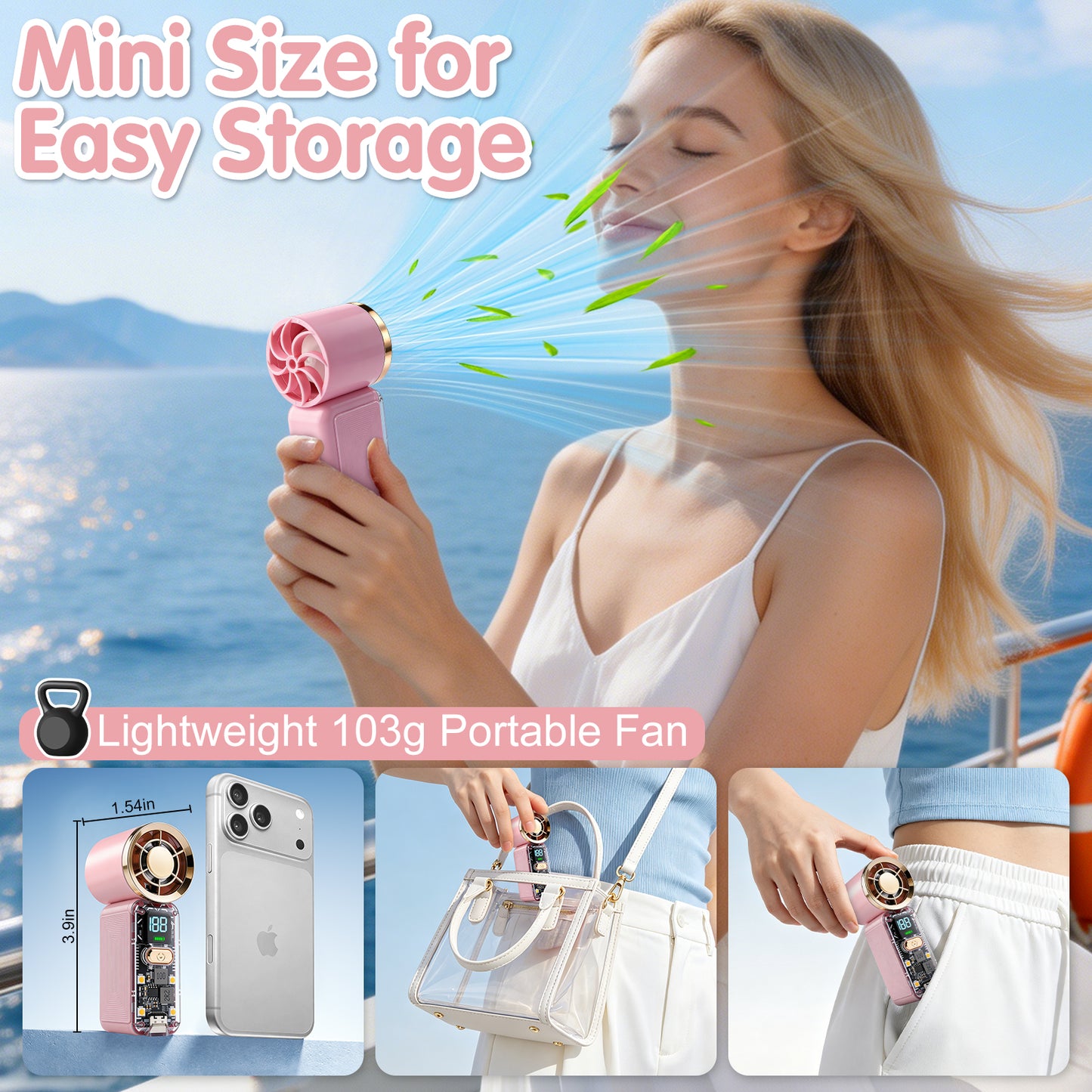 AWANFI Portable Mini Turbo Fan, Rechargeable Handheld Fan, with LED Flashlight, 2 IN 1 Pocket Fan for Travel, Office, Gift for Women, Pink