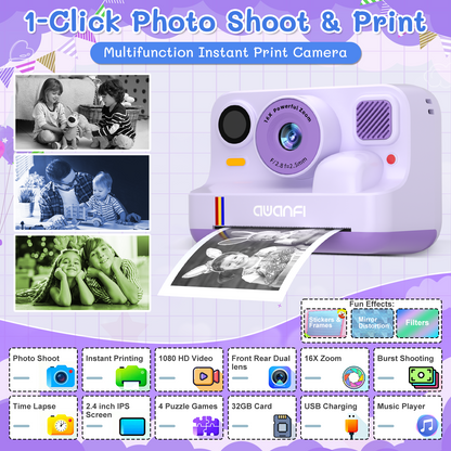AWANFI Instant Print Camera for Kids, with Printing Paper 2.4" HD 1080P Digital Video Instant Camera for Boys & Girls Age 3-12 Birthday Gifts - Purple
