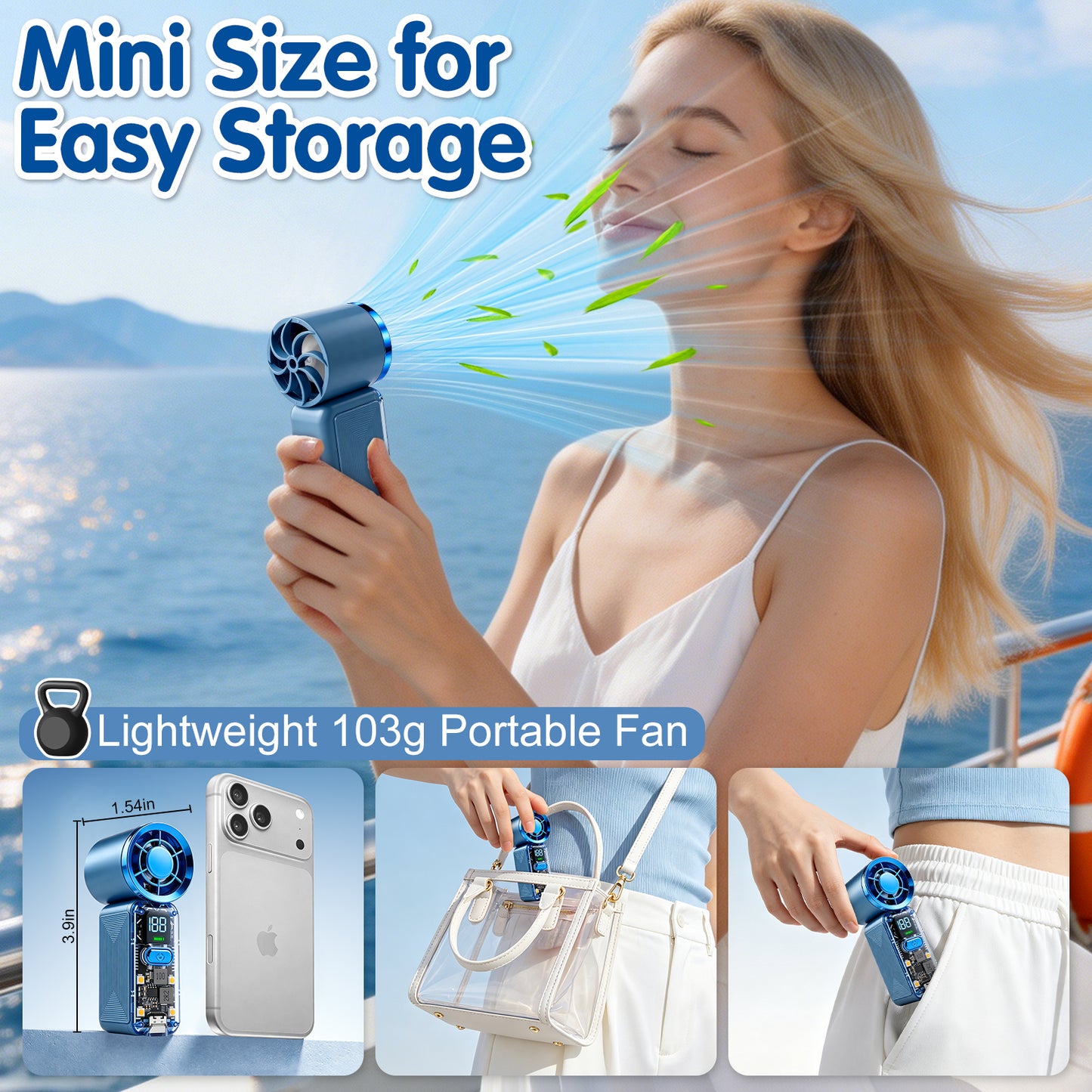 AWANFI Portable Handheld Mini Fan, Turbo Fan , USB Rechargeable Personal Fan, 6 Speed Wind, Display Electricity in Real Time, Cool Gift for Man, Blue