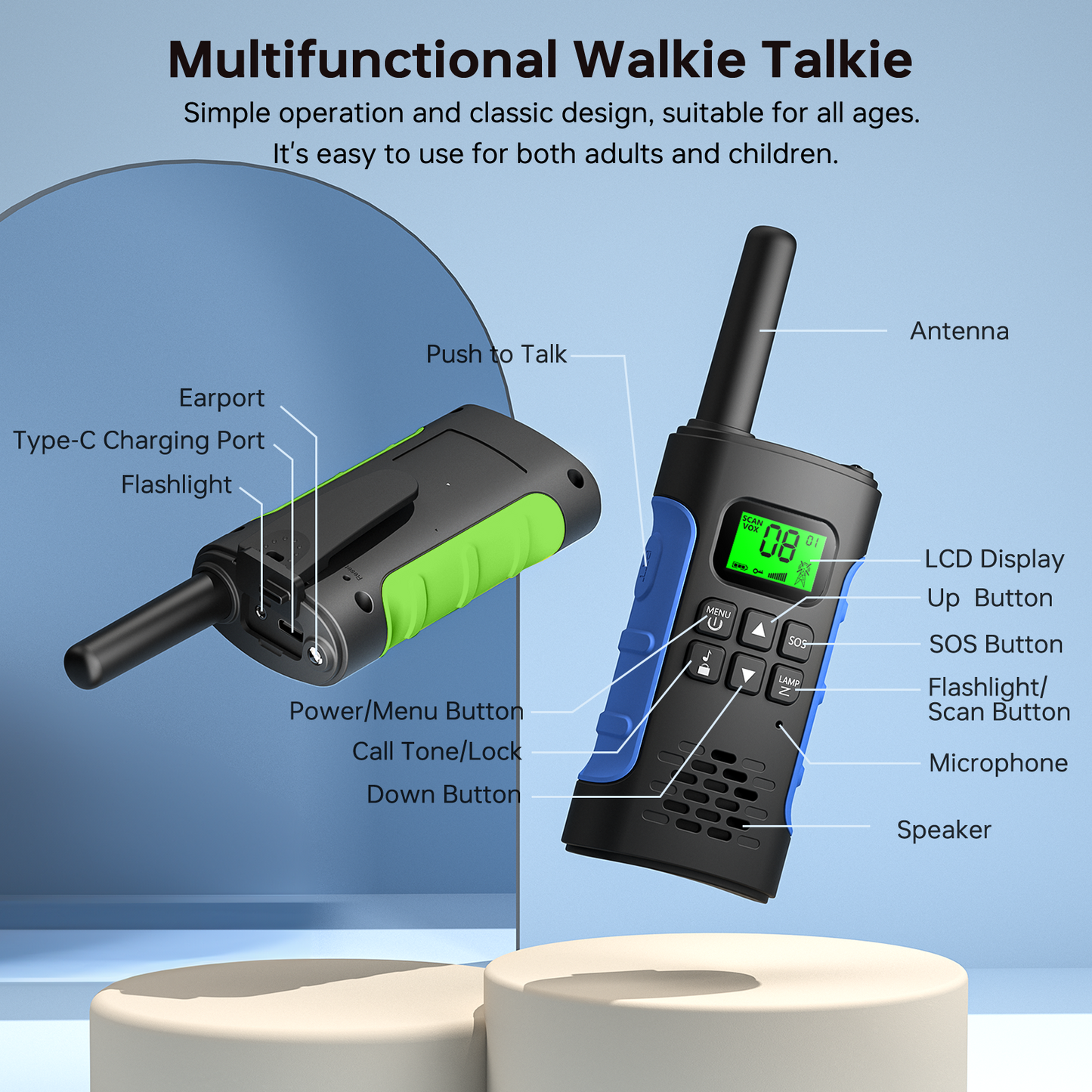 Walkie Talkies for Kids Adults Rechargeable 2 pack, Walkie Talkie Kids Two Way Radios Long Range, LED Flashlight, 22 FRS Channels