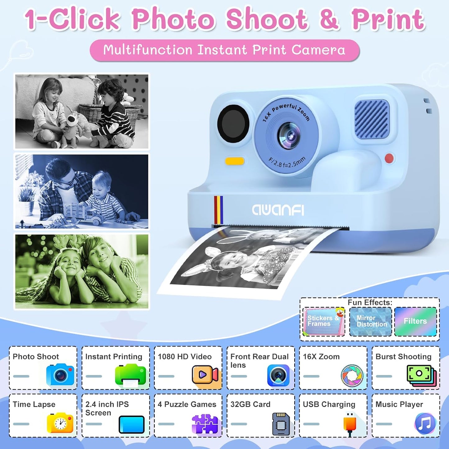 AWANFI Kids Camera Instant Print Toys, 48MP Kids Digital Camera with 1080P Video, 32GB SD Card & 3 Rolls Printing Paper, Fun Instant Print Camera for Kids Ages 3-16, Perfect Christmas & Birthday Gift