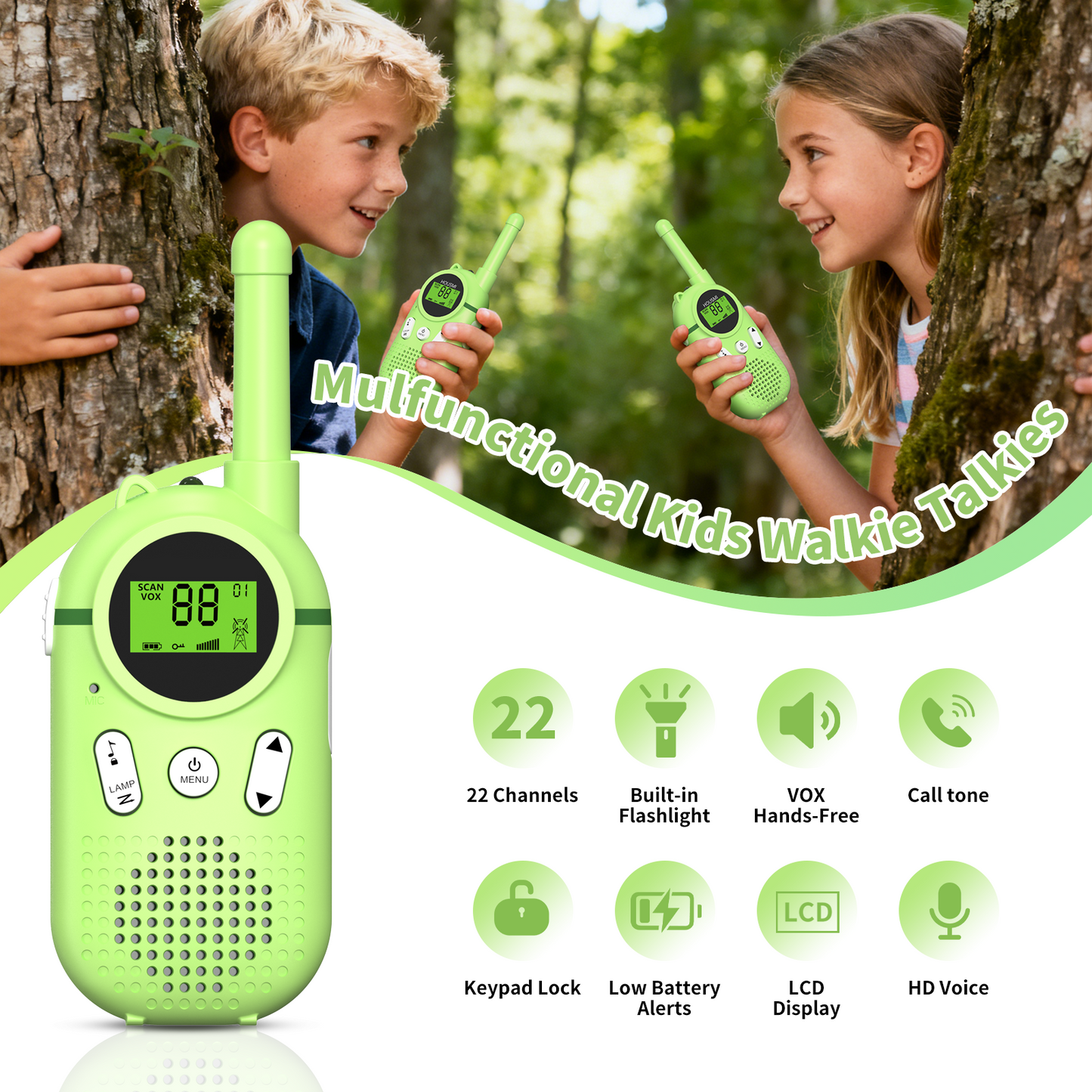 AWANFI Walkie Talkies for Kids 2 pack Rechargeable, Walkie-Talkie Long Range with 22 FRS Channels, Gift for Kids Aged 3-12