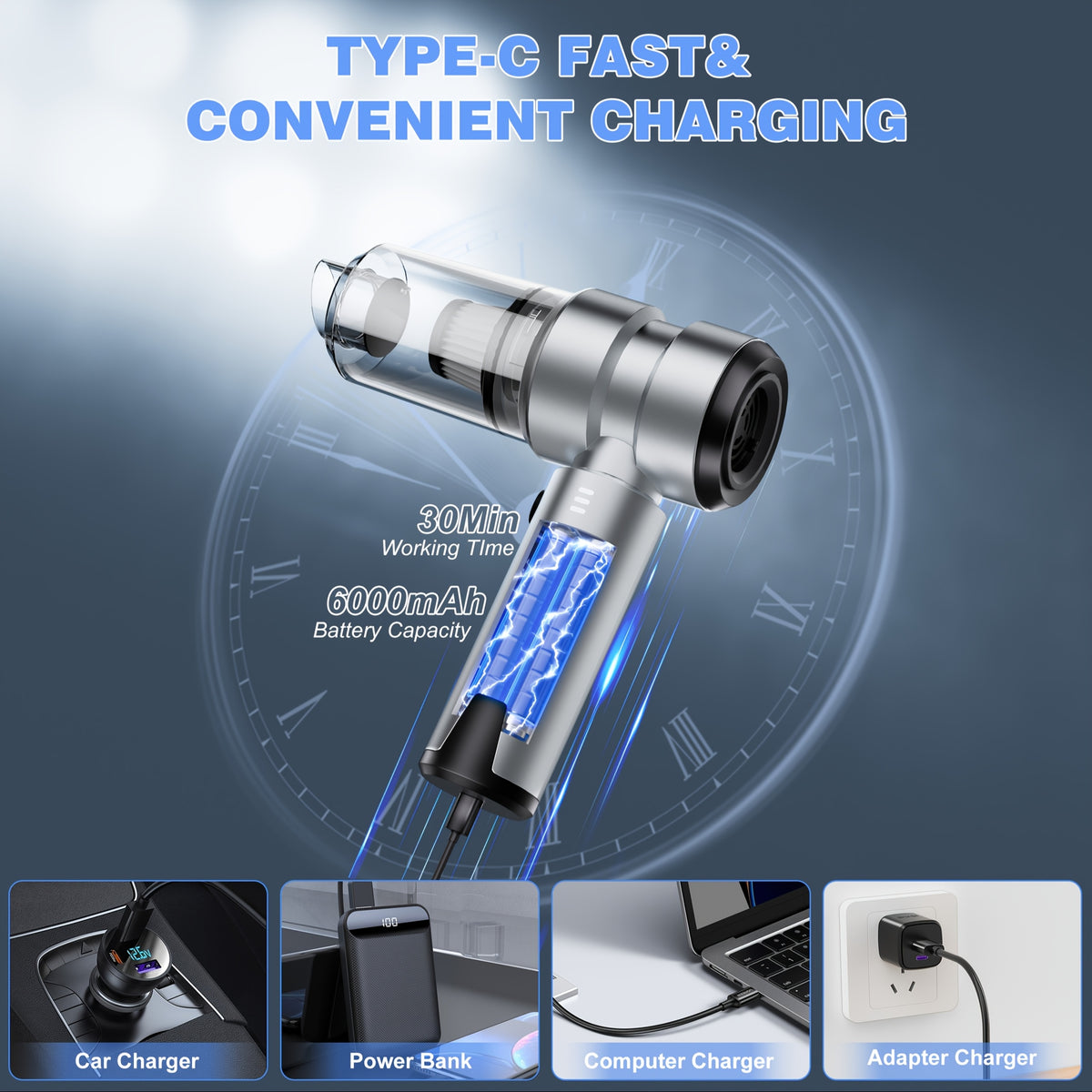 AWANFI 2-in-1 Cordless Handheld Car Vacuum Cleaner and Air Duster, 14000Pa Suction, HEPA Filter, 80000 RPM Brushless Motor, USB-C Charging, 3-Speed Modes with Multi-Nozzles