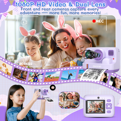 AWANFI Instant Print Camera for Kids, with Printing Paper 2.4" HD 1080P Digital Video Instant Camera for Boys & Girls Age 3-12 Birthday Gifts - Purple