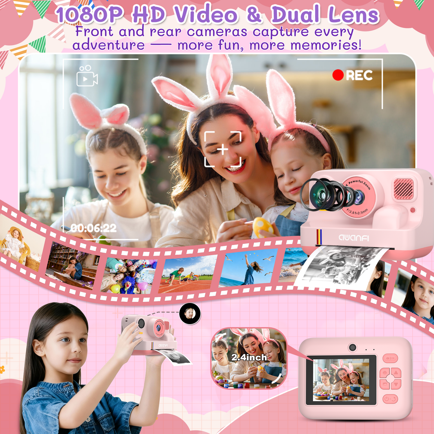 AWANFI Instant Print Camera Kids with 32G SD Card and Printing Paper, Portable Digital Cameras Toys for Boys & Girls Age 3-12 Birthday Gifts - Pink