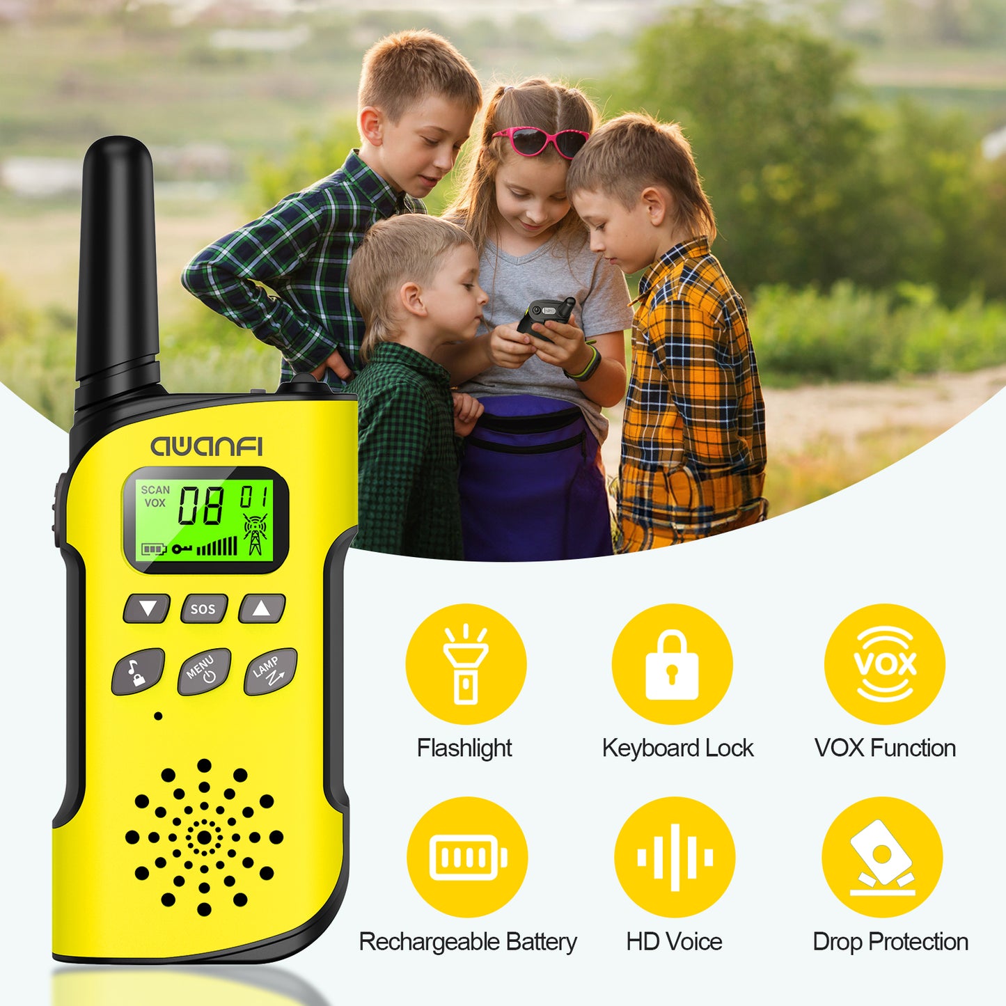 AWANFI Walkie Talkie 2 Pack Long Range Two-Way Radios, Rechargeable Kids Walkie Talkies Set with LED Flashlight VOX, for Adults Hiking Camping(Yellow, Blue)
