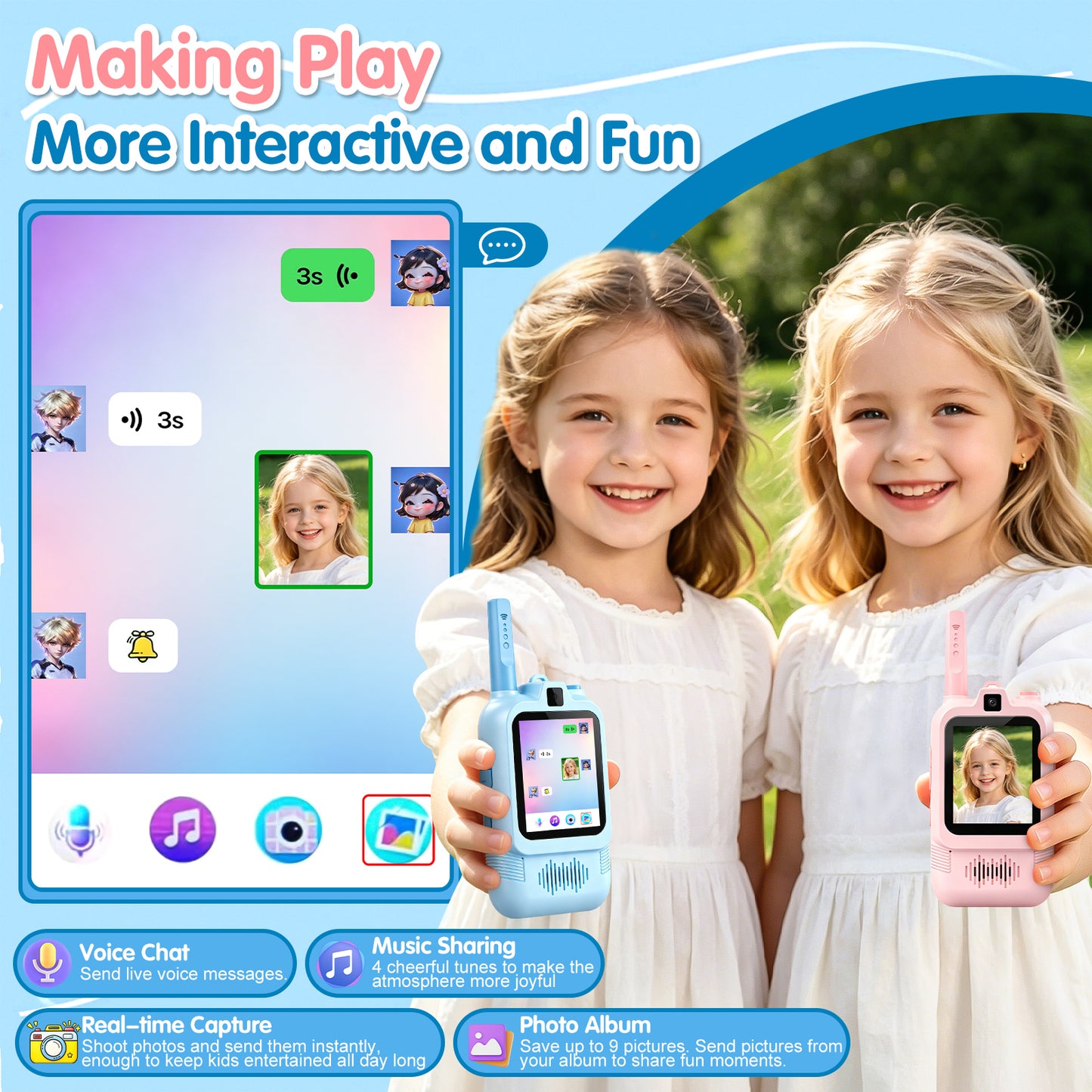 AWANFI Video Walkie Talkies for Kids Rechargeable, Toys Phone 2 Pack for Boys Girls, 1000 ft Long Range, with Voice Chat, Camera, Gifts for Age 3+