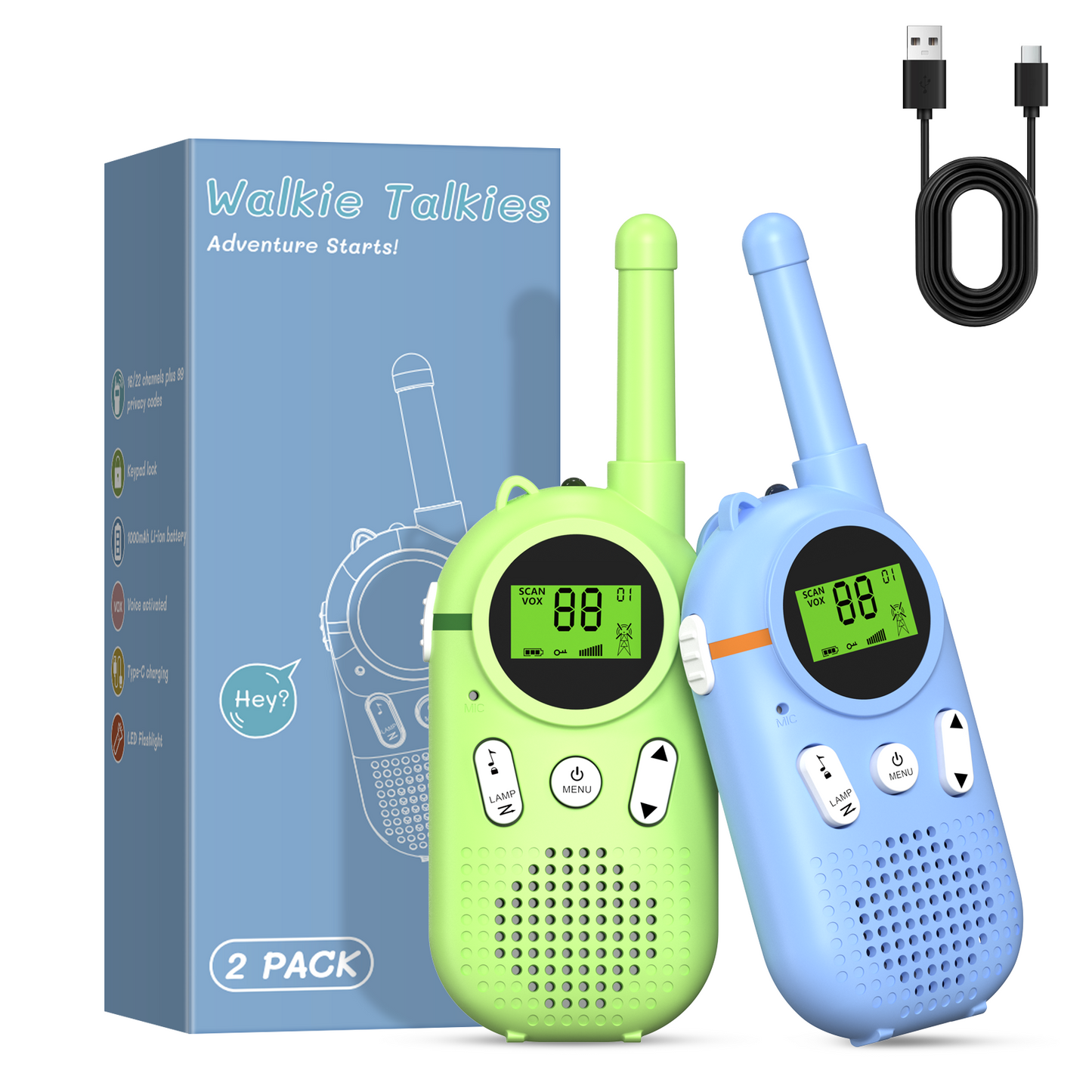 AWANFI Walkie Talkies for Kids 2 pack Rechargeable, Walkie-Talkie Long Range with 22 FRS Channels, Gift for Kids Aged 3-12
