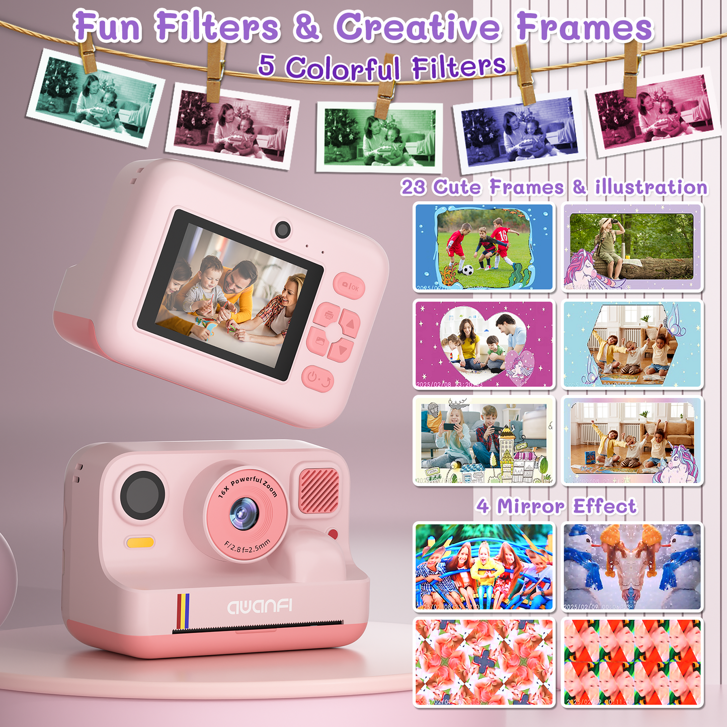 AWANFI Instant Print Camera Kids with 32G SD Card and Printing Paper, Portable Digital Cameras Toys for Boys & Girls Age 3-12 Birthday Gifts - Pink