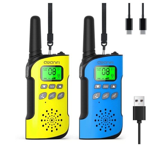 AWANFI Walkie Talkie 2 Pack Long Range Two-Way Radios, Rechargeable Kids Walkie Talkies Set with LED Flashlight VOX, for Adults Hiking Camping(Yellow, Blue)