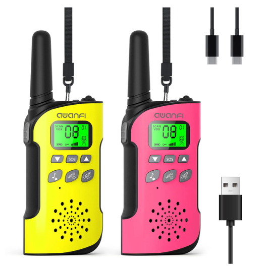 AWANFI 2 Pack Walkie Talkies for Kids Rechargeable, Long Range Walkie Talkie Set with LED Flashlight Lanyard, Birthday Toys Gift for Boys Girls(Pink Yellow)
