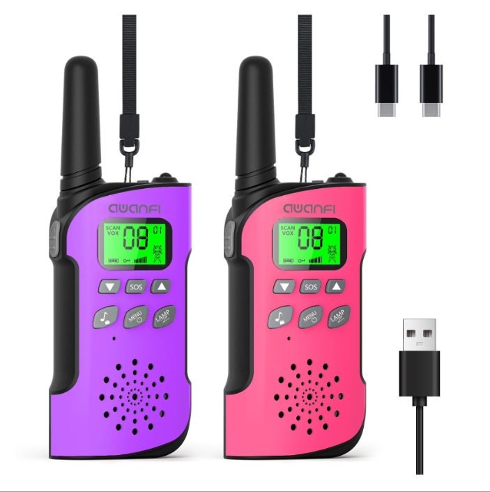 AWANFI 2 Pack Walkie Talkies for Kids Rechargeable, Long Range Walkie Talkie Set with LED Flashlight Lanyard, Birthday Toys Gift for Boys Girls(Pink Purple)