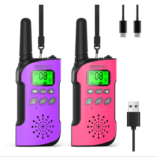 AWANFI 2 Pack Walkie Talkies for Kids Rechargeable, Long Range Walkie Talkie Set with LED Flashlight Lanyard, Birthday Toys Gift for Boys Girls(Pink Purple)