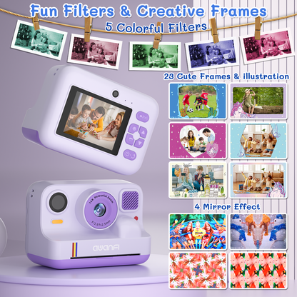 AWANFI Instant Print Camera for Kids, with Printing Paper 2.4" HD 1080P Digital Video Instant Camera for Boys & Girls Age 3-12 Birthday Gifts - Purple